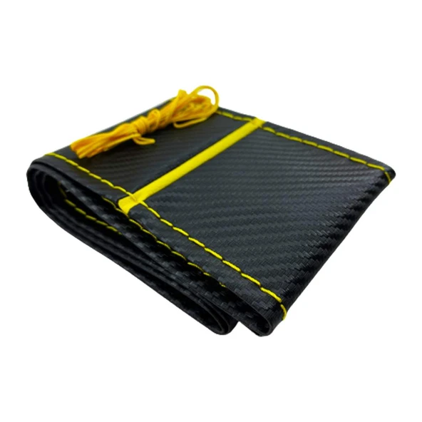 Carbon Desen Sarı İpli Deri Direksiyon Kılıfı - Dikmeli Delikli Model / A+ Kopmayan İp / Kokusuz Ürün - 3