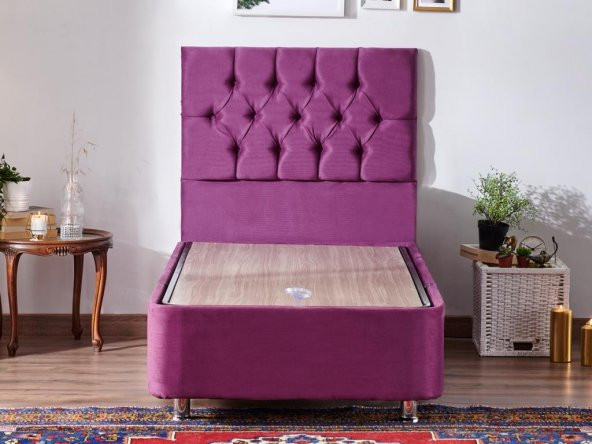 Niron Purple Baza ve Başlık Seti - 90x200 cm Tek Kişilik Sandıklı Mor Kumaş Baza ve Başlığı