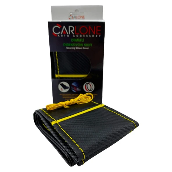 Carbon Desen Sarı İpli Deri Direksiyon Kılıfı - Dikmeli Delikli Model / A+ Kopmayan İp / Kokusuz Ürün - 4