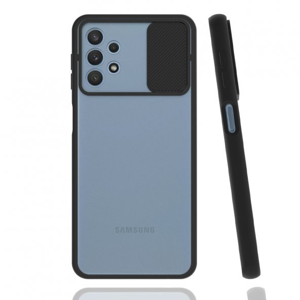 KNY Samsung Galaxy A32 4G Kılıf Kamera Korumalı Sürgülü Buzlu Lensi Kapak Siyah