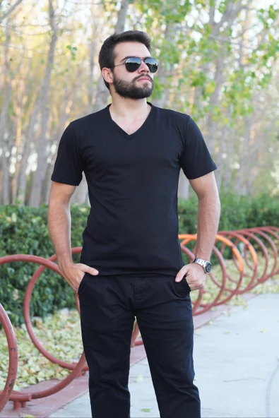 Erkek Siyah Slim Fit Düz Basic Kısa Kollu V Yaka İnce Tişört 20ETSHBSIC - 7