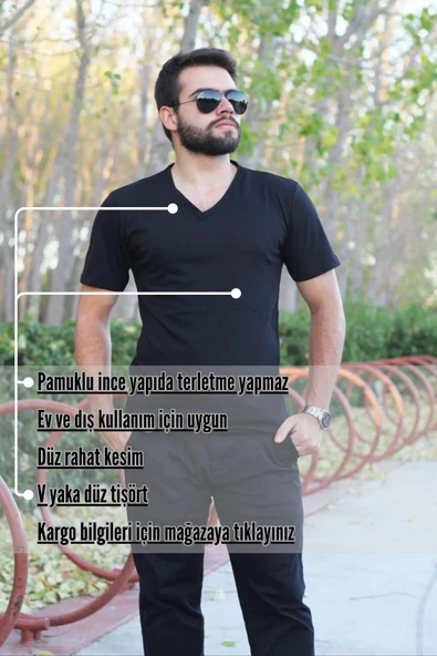 Erkek Siyah Slim Fit Düz Basic Kısa Kollu V Yaka İnce Tişört 20ETSHBSIC - 4