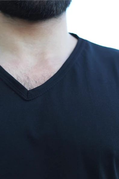 Erkek Siyah Slim Fit Düz Basic Kısa Kollu V Yaka İnce Tişört 20ETSHBSIC - 3
