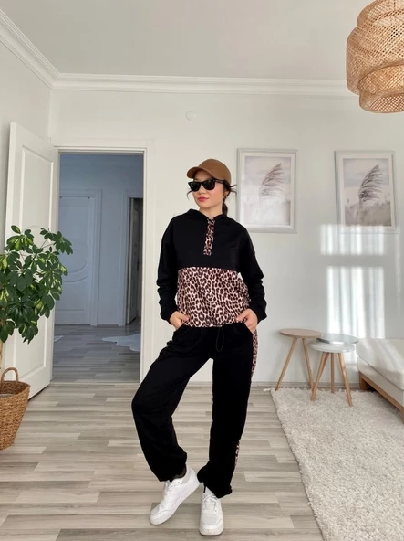 Kadın Uzun Kollu Leopar Detay Sweat Ve Yanı Leopar şerit Detay Pantolon Ikili Takım - Resim 6