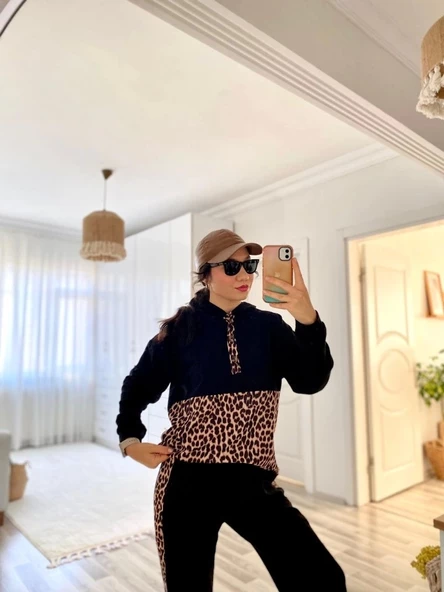 Kadın Uzun Kollu Leopar Detay Sweat Ve Yanı Leopar şerit Detay Pantolon Ikili Takım - Resim 8