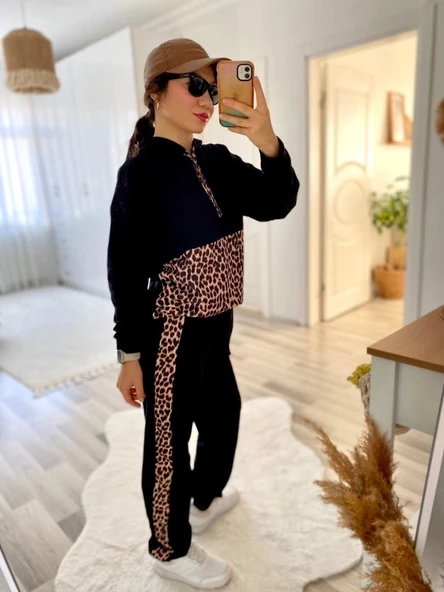 Kadın Uzun Kollu Leopar Detay Sweat Ve Yanı Leopar şerit Detay Pantolon Ikili Takım - Resim 9