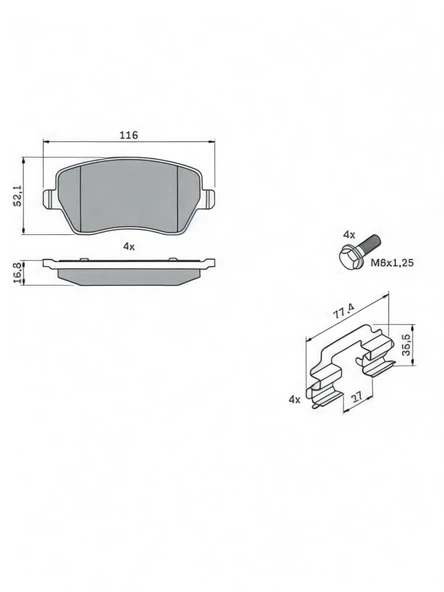 Mga Dacia Dokker 2012-2019 Düz Orta Kulak Ön Fren Balatası Takım - Resim 2