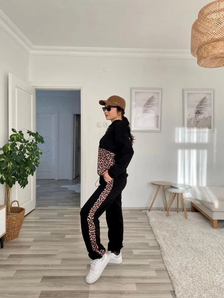Kadın Uzun Kollu Leopar Detay Sweat Ve Yanı Leopar şerit Detay Pantolon Ikili Takım - Resim 11