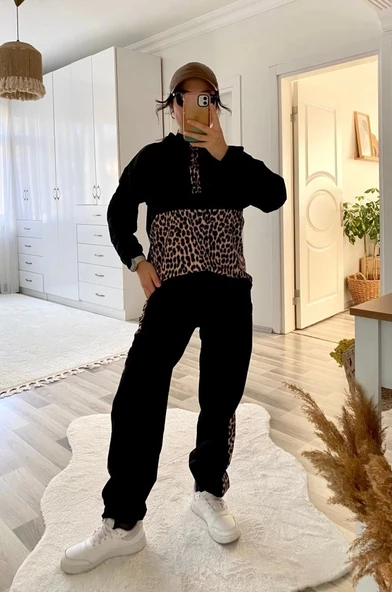 Kadın Uzun Kollu Leopar Detay Sweat Ve Yanı Leopar şerit Detay Pantolon Ikili Takım - Resim 10