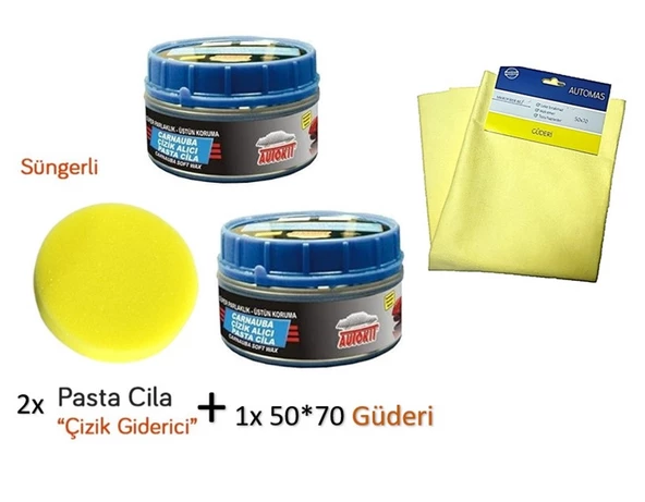 2x Çizik Giderici Parlatıcı Pasta Cila (Süngerli) + 1x Mikrofiber Güderi Kurulama Bezi 50x70