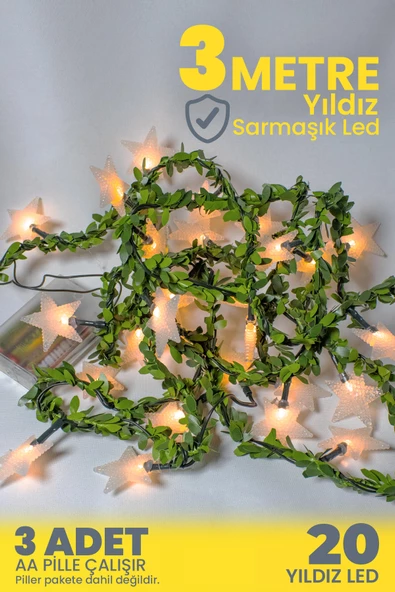 3 Metre 20 Yıldızlı Sarmaşık LED - AA Pille Çalışan Dekoratif Işıklar (Piller Dahil Değil) - 4