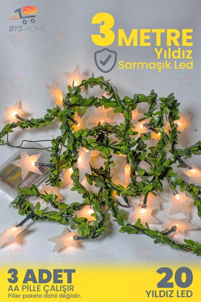 3 Metre 20 Yıldızlı Sarmaşık LED - AA Pille Çalışan Dekoratif Işıklar (Piller Dahil Değil)