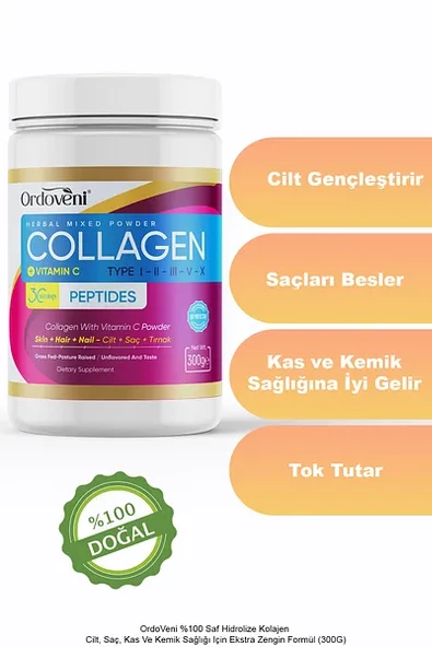 %100 Saf Hidrolize Kolajen - Cilt, Saç, Kas, Kemik Sağlığı Için Ekstra Zengin Formül (300G)