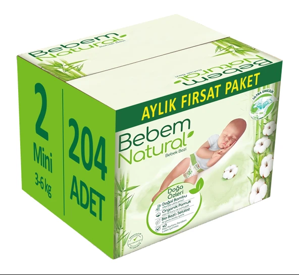Bebem Bebek Bezi Natural Beden:2 (3-6Kg) Mini 204 Adet Aylık Fırsat Pk
