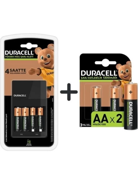 Duracell Cef 14 Şarj Aleti + 2'şer Adet Aa ve Aaa Pil ( 4 Saat Şarj Cihazı, 1 Adet) + AA 1300 mAh Piller, 2 Li Paket