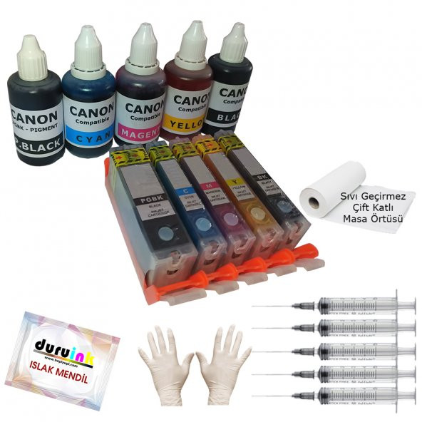 CANON MG6150 MG6220 MG6250 UYUMLU KOLAY DOLAN KARTUŞ+5X50ml MÜREKKEP 5 RENK (DOLU)