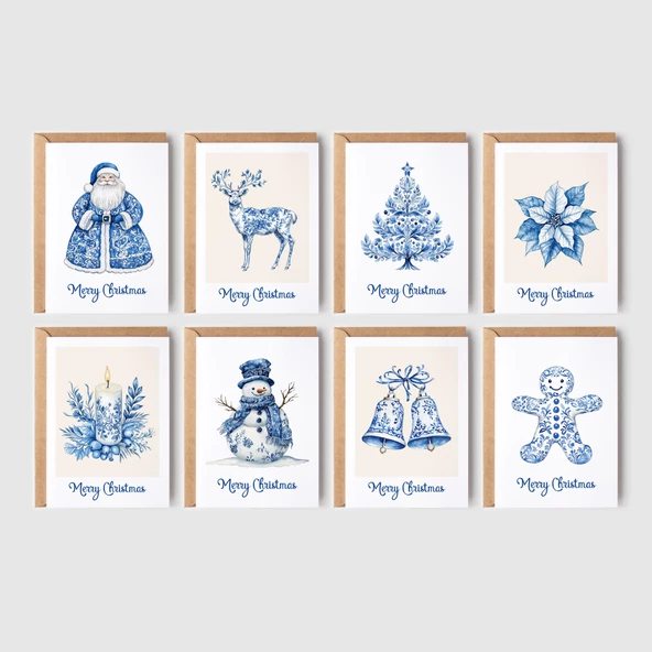Mavi Desen Yeniyıl Kartları 8’li Set, Lüks Noel Kartları, Mutlu Yıllar Kartı, Tebrik Kartları - 3
