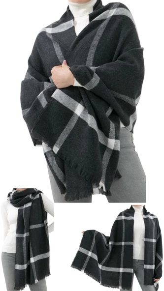 1 Adet Kadın Büyük Bedene Uygun Yumuşak Dokulu Kışlık Desenli Atkı Omuz Şalı - 3