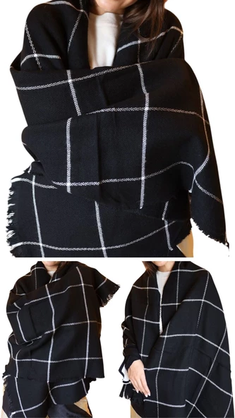 1 Adet Kadın Büyük Bedene Uygun Yumuşak Dokulu Kışlık Desenli Atkı Omuz Şalı - 9