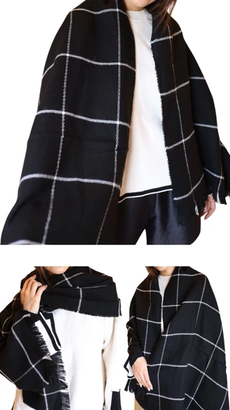 1 Adet Kadın Büyük Bedene Uygun Yumuşak Dokulu Kışlık Desenli Atkı Omuz Şalı - 2