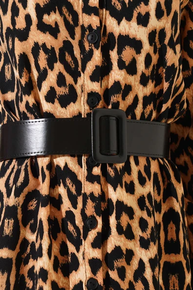 Boydan Düğmeli Leopar Desen Midi Elbise Camel - Resim 4