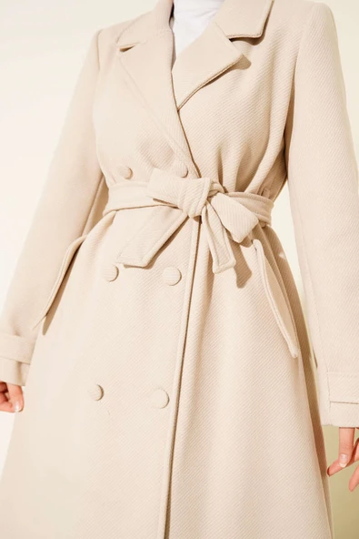 Boydan Düğmeli Kruvaze Yaka Kaşe Kaban Ekru - Resim 4