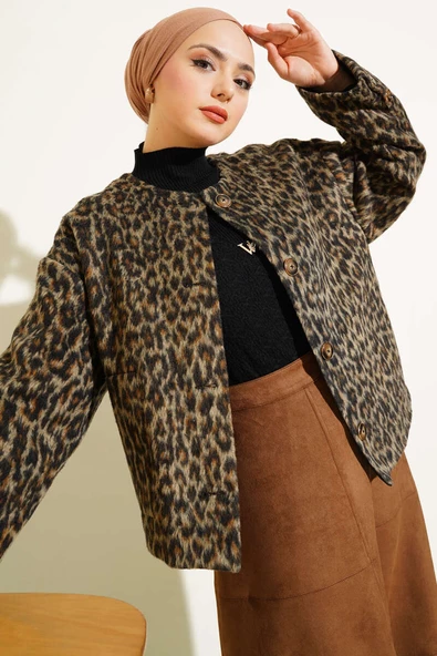 Leopar Desen Düğmeli Ceket Leopar - 1