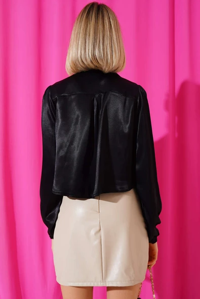 Saten Crop Gömlek Siyah - 3