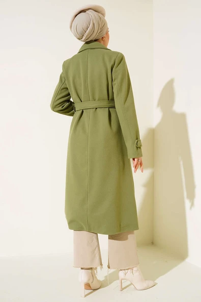 Boydan Düğmeli Kruvaze Yaka Kaşe Kaban Çağla Yeşili - 3