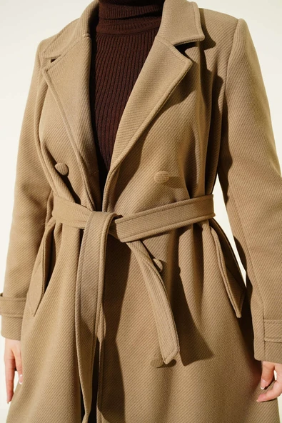 Boydan Düğmeli Kruvaze Yaka Kaşe Kaban Vizon - Resim 4