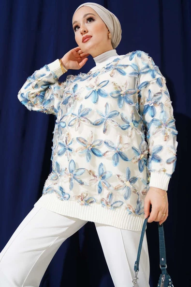 Tül Çiçekli Triko Tunik Bej ürün görseli 1