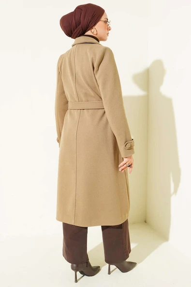 Boydan Düğmeli Kruvaze Yaka Kaşe Kaban Vizon - Resim 3