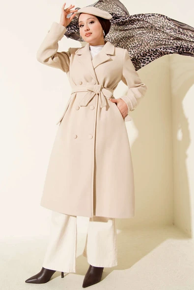 Boydan Düğmeli Kruvaze Yaka Kaşe Kaban Ekru ürün görseli 1