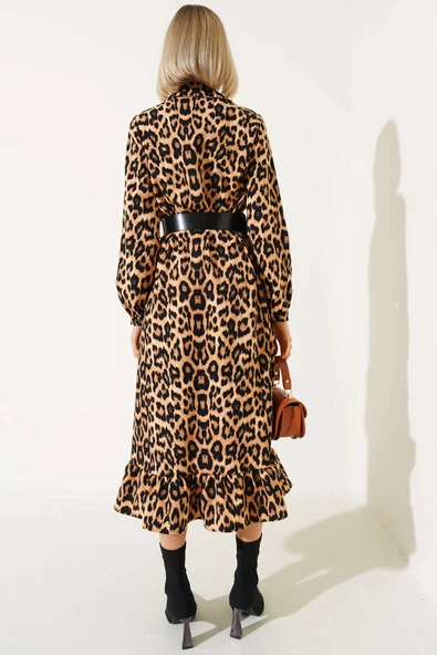 Boydan Düğmeli Leopar Desen Midi Elbise Camel - Resim 3