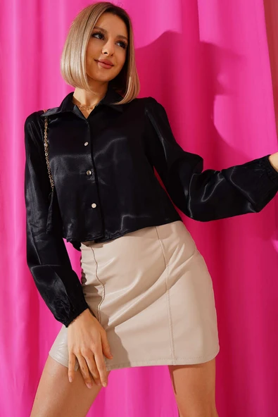 Saten Crop Gömlek Siyah - 2