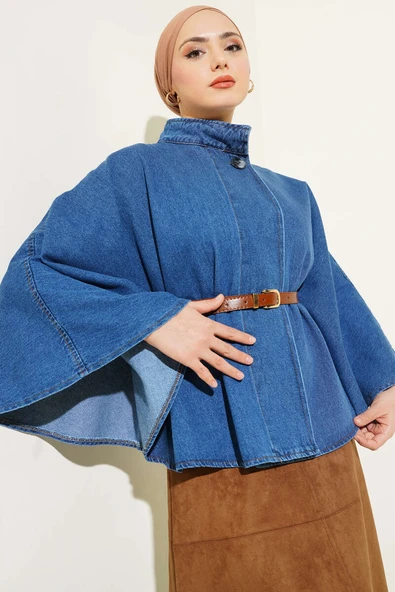 Dik Yaka Kemerli Kot Panço Kot Mavisi ürün görseli 1