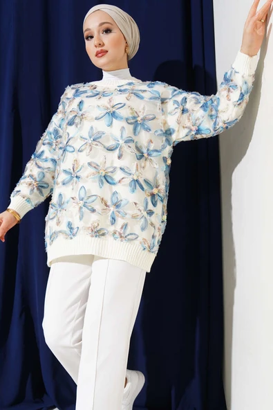 Tül Çiçekli Triko Tunik Bej - Resim 2