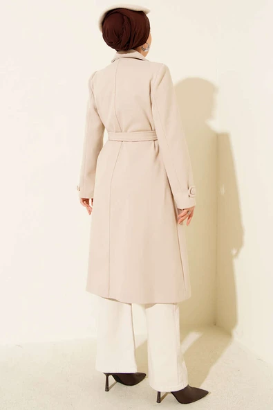 Boydan Düğmeli Kruvaze Yaka Kaşe Kaban Ekru - Resim 3