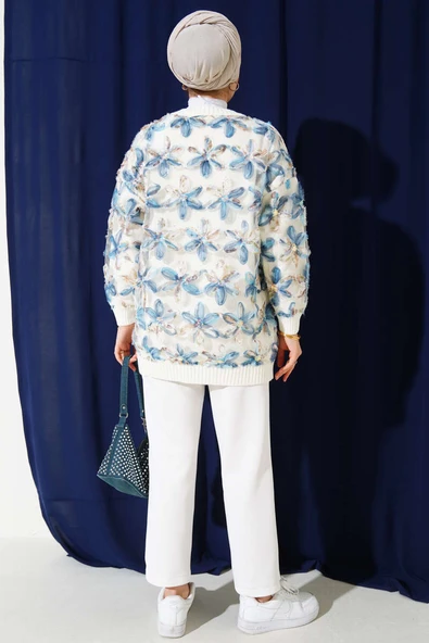 Tül Çiçekli Triko Tunik Bej - Resim 3