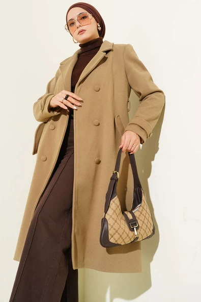 Boydan Düğmeli Kruvaze Yaka Kaşe Kaban Vizon - Resim 2