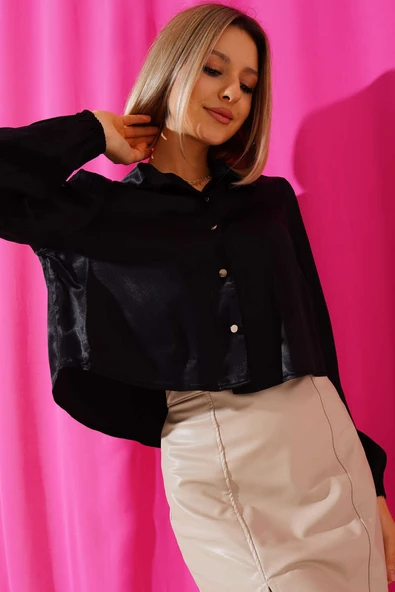 Saten Crop Gömlek Siyah