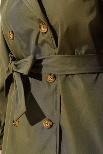 Bilek Büzgülü Kuşaklı Trençkot Haki - 4