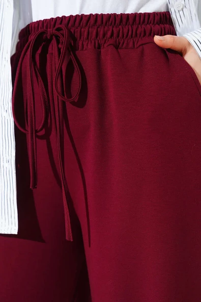 Bel İp Bağlamalı Bol Pantolon Bordo - Resim 4