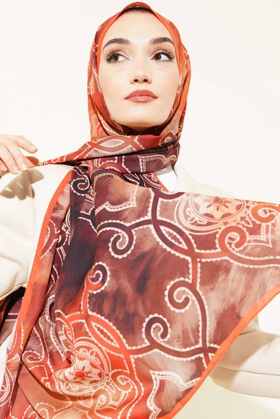 Dijital Etnik Desen Medine Şal Oranj - Resim 2