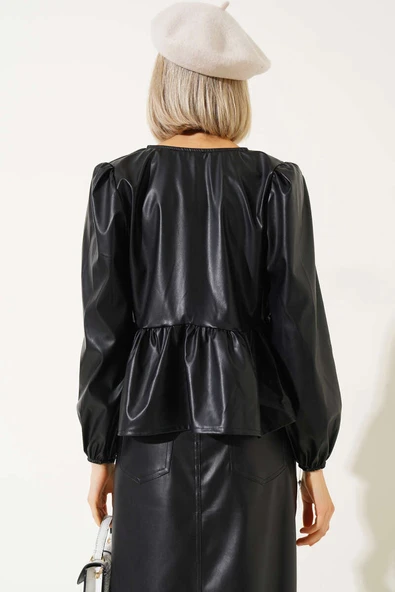 Fırfırlı Önü Bağcıklı Deri Bluz Siyah - Resim 3