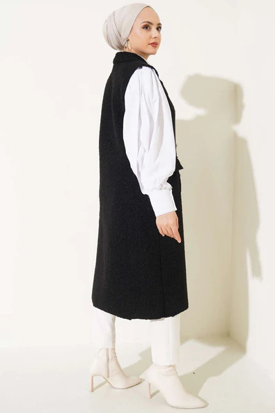 Düğmeli Uzun Buklet Yelek Siyah - Resim 3