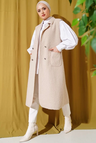 Düğmeli Uzun Buklet Yelek Bej - Resim 2