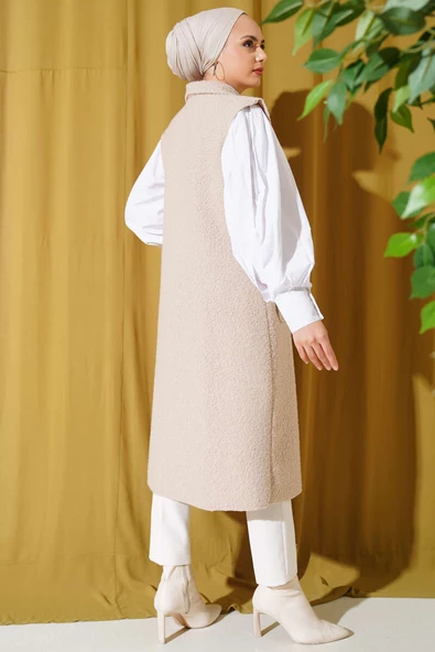 Düğmeli Uzun Buklet Yelek Bej - Resim 3