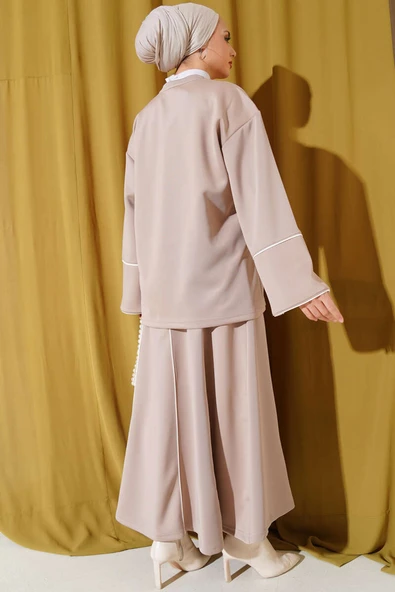 Çizgi Detaylı Etekli Scuba İkili Takım Latte - Resim 3