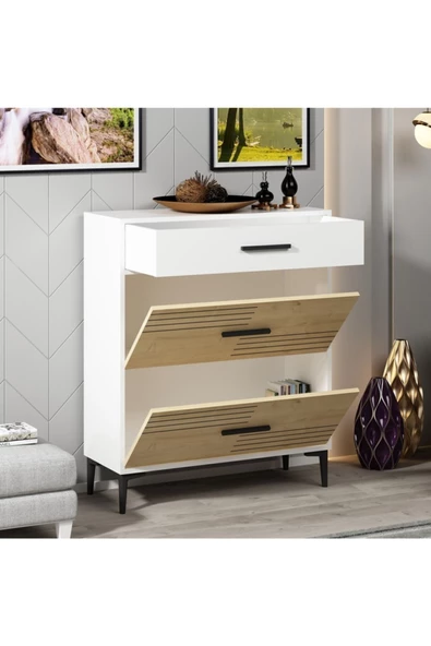 Cantek Dizayn Çok Amaçlı Lazer Desenli Modern Alberto Konsol Beyaz-Safirmeşe - 2